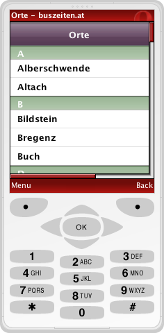 Ortsauswahl (&copy; Opera Mini 4.2 Simulator)